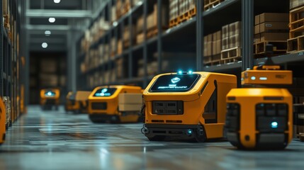 A group of AI-powered robots working in a warehouse, handling logistics