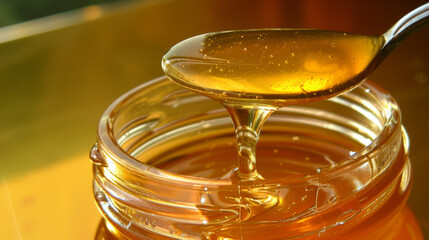 A spoon gracefully dips into a golden jar of honey, capturing its sweet, sticky texture as sunlight illuminates the scene