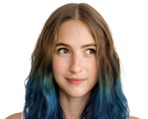 Young woman png transparent, stylish blue hair with smiling face