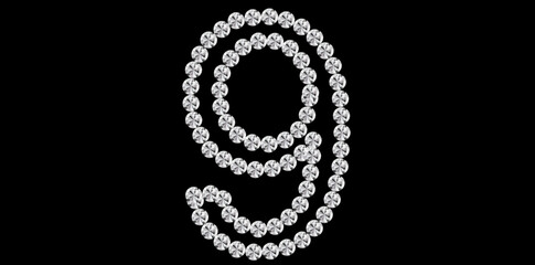 Silver Rhinestone Diamond Number 9 Luxury Text Design Vector Illustration, Diamond Bling Number On Black Background.	