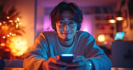 Obraz premium A young Asian man wearing headphones is playing games on his phone, sitting at the table in front of him with neon lights and purple lighting in his room