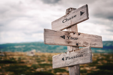 chase your passion text quote written on wooden signpost at the crossroads outdoors in nature.