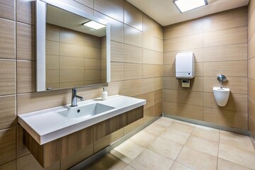 Fototapeta premium Wide-angle single sink in small public toilet with wall soap dispenser and paper towels