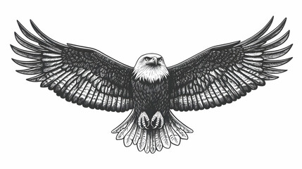 Fototapeta premium A detailed hand drawn illustration of a bald eagle in flight with its wings spread.