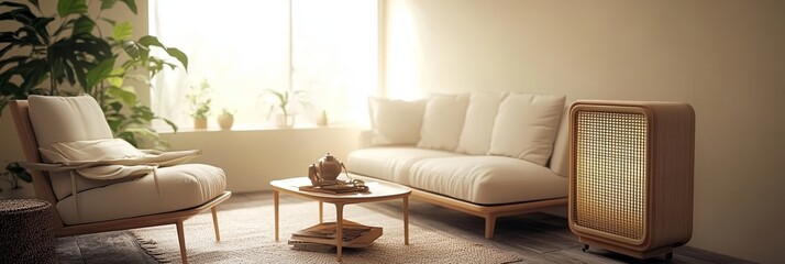 Fototapeta premium Minimalist Living Room Interior with Wooden Furniture, Natural Light, and a Cozy, Tranquil Ambiance