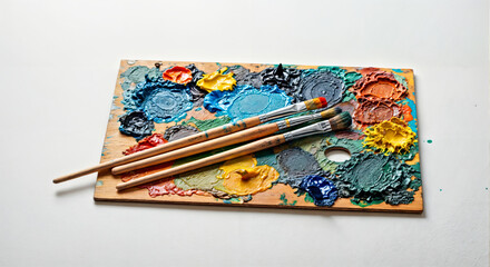Colorful Palette with Paintbrushes on Wooden Board in Art Studio Setting