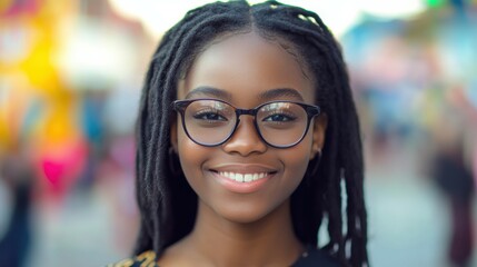 Teenaged Nigerian girl with trendy glasses and a joyful smile.