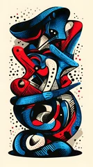 Crédence de cuisine  Abstract sculpture made of geometric shapes in red and blue, on a beige background.  © Mohan