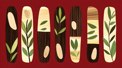 Abstract pattern with leaves, wood, and beige elements on red background.