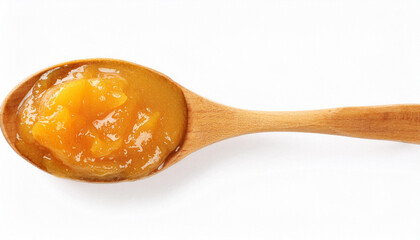 Wooden spoon with tasty apricot jam isolated on white, top view. ai generated