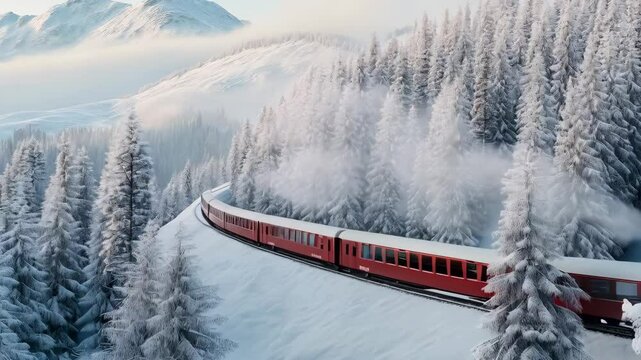 Historic steam locomotive. Old vintage red train ride in the snowy forest in north pole. Fairy tale winter landscape. Retro aesthetic. Christmas and New Year concept - Powered by Adobe