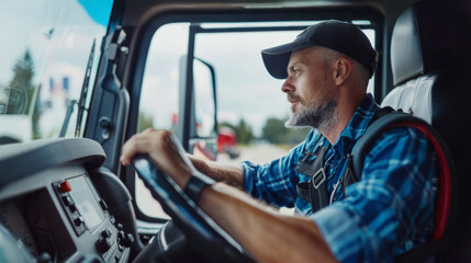 Truck driver checking fuel gauge while driving on an open road during a clear day, ensuring efficient fuel management
