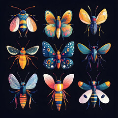 Fototapeta premium Colorful insects with different patterns and shapes on a black background.