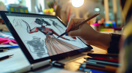 Designer creating a fashion sketch on a digital tablet while seated at a vibrant workspace filled with tools and materials