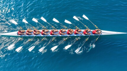 Synchronized Rowing Team in Red, Eight Rowers Powering Through Blue Water, Cooperation Concept