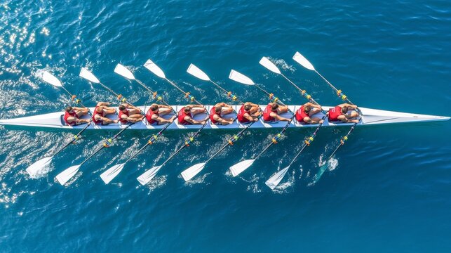 Synchronized Rowing Team in Red, Eight Rowers Powering Through Blue Water, Cooperation Concept