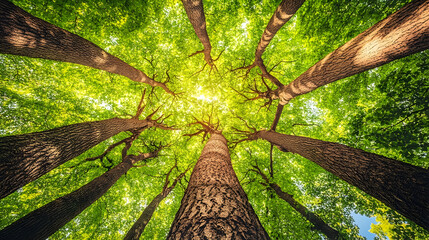 Fototapeta premium Looking up through the canopy of a lush forest, sunlight shining through the leaves.