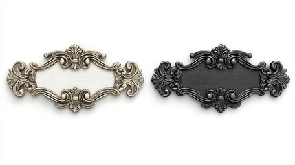 Ornate metal labels with vintage black and silver design