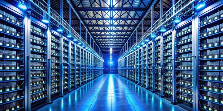 Wide-angle view of a cryptocurrency mining facility processing blockchain transactions