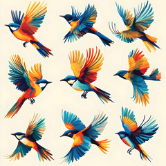 Obraz premium Nine colorful birds in flight, with spread wings and different poses.