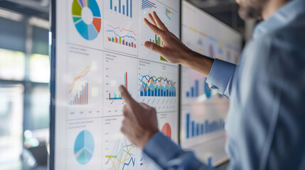 Presenting innovative ideas using charts and data visualizations in a modern office environment during a business meeting session