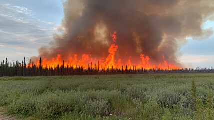 Naklejka premium Wildfire Spreads Rapidly in a Dense Forest Area During Sunset Near a Rural Landscape