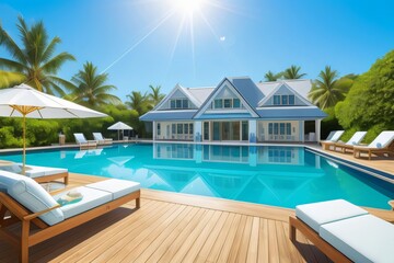Fototapeta premium Tropical luxury awaits: a pristine swimming pool surrounded by palm trees, inviting you to relax and rejuvenate