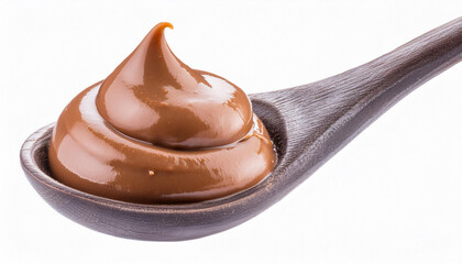 Hazelnut cream in spoon isolated on white background, full depth of field. ai generated