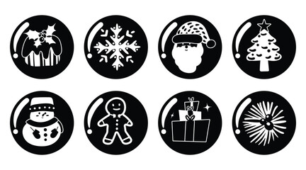 Set of isolated Christmas and New Year label in cute doodle style on transparent background. Volume 7 : Black silhouette.