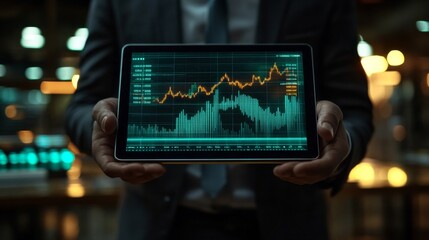 A business analyst using virtual reality to explore stock market trends and data