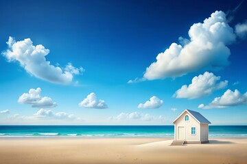 Serene Summer Beach Scene with Minimalistic White House, Tranquil Clouds, and Expansive Copy Space for Relaxing and Calming Visuals