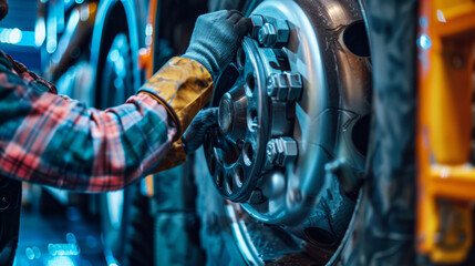 Technician aligning a truck wheel with precision in a well-lit garage during daytime maintenance