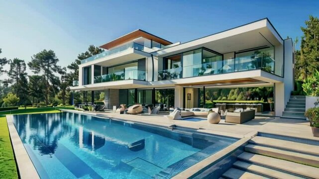 Swimming pool in resort. Modern luxury house with swimming pool.