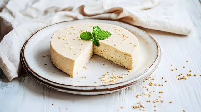 Polish Halva (Chałwa) Cake with Mint Garnish on Rustic Plate (Polish Cuisine)
