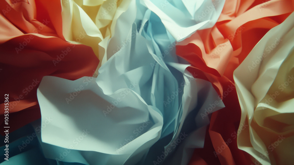 Poster dynamic folds of colorful fabric cascading in warm light create a striking abstract display in a pla