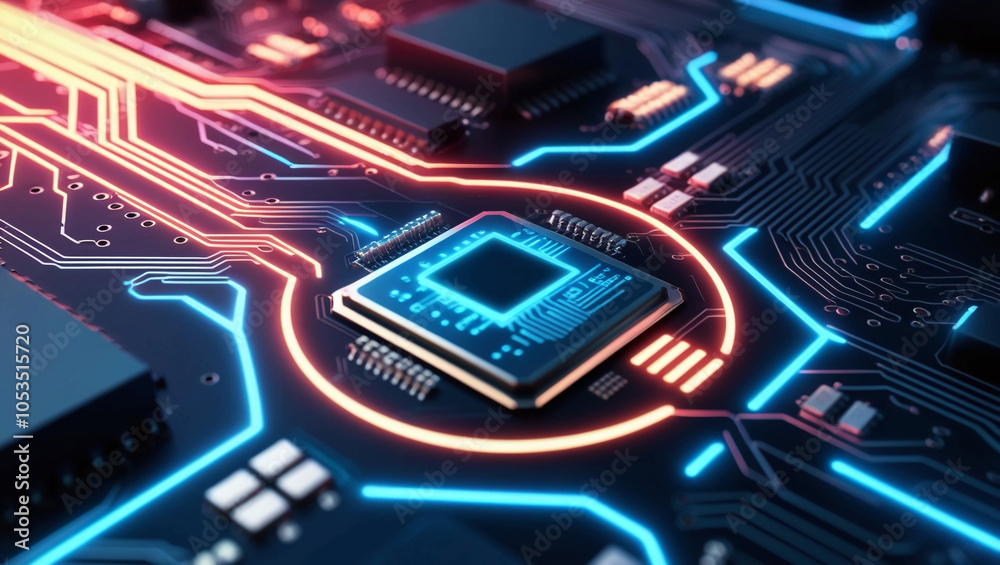 Poster close-up of a futuristic, glowing circuit board with intricate neon lines and digital data streams, 