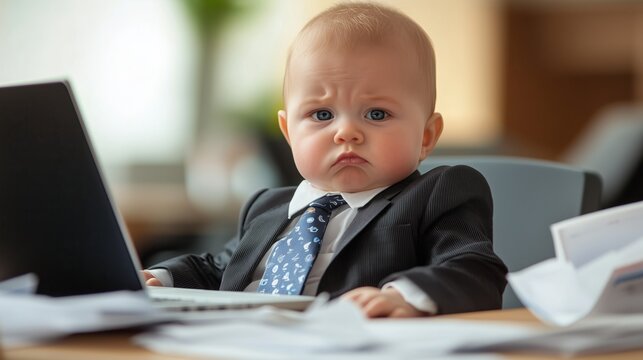 A baby wearing a suit and tie is sitting at a desk with a laptop