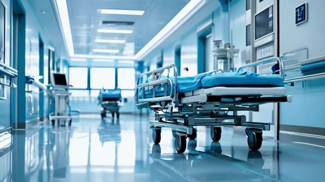 Medical gurney in a hospital corridor.