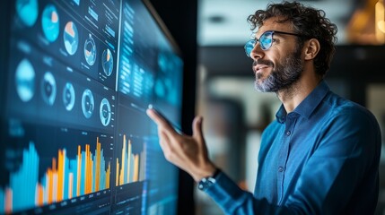 A business analyst using virtual reality to explore stock market trends and data