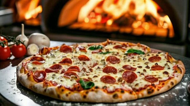 Pizza on a table.