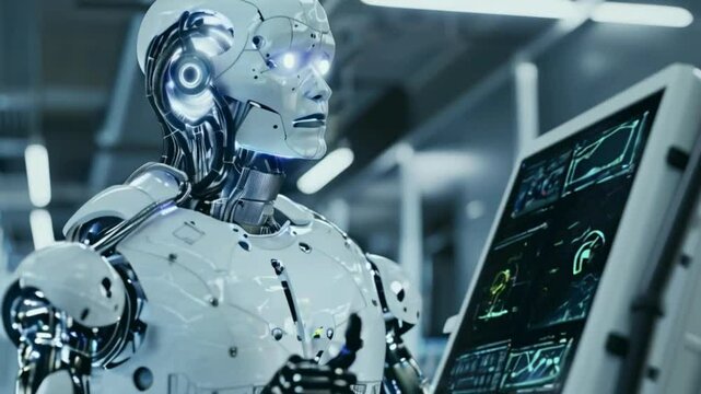 Robot uses computer to work.