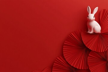 White rabbit figurine sitting on red paper fans, celebrating chinese new year with copy space