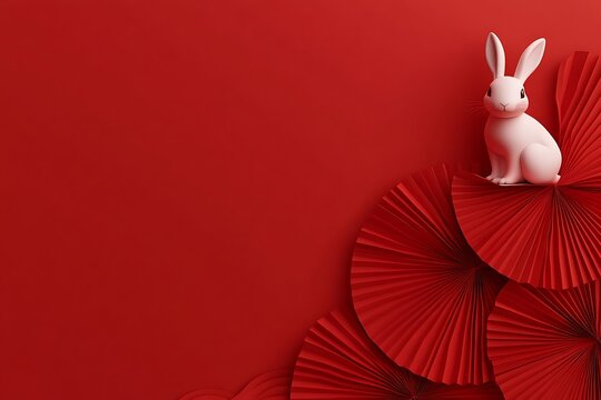 White rabbit figurine sitting on red paper fans, celebrating chinese new year with copy space