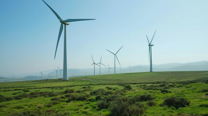 Obraz premium Wind turbines stand tall across a sprawling green field under a clear blue sky, illustrating sustainable energy production efforts