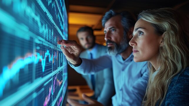 A business analyst using virtual reality to explore stock market trends and data - Powered by Adobe