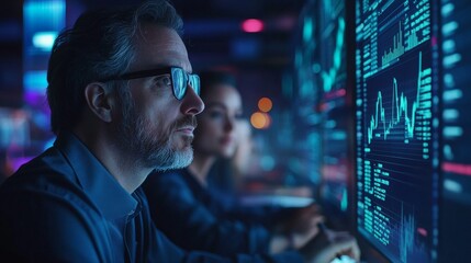 A business analyst using virtual reality to explore stock market trends and data