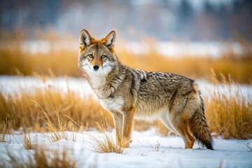Obraz premium Wild coyote hunting in a grassy field during winter