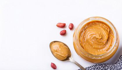 Peanut butter in glass jar and spoon isolated on white background, top view, copy space. American dessert concept. ai generated