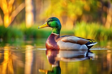Fototapeta premium Wild duck swimming on a pond with waves in the background