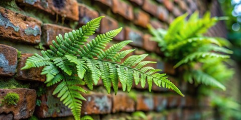 Naklejka premium Wild fern growing on a damp brick wall